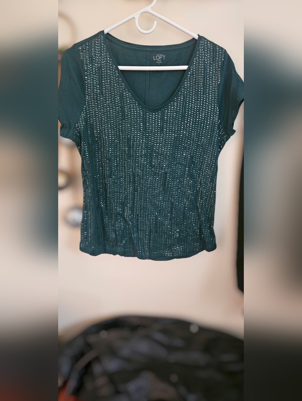 LOFT Dark Green Short Sleeve Sequin Tee
